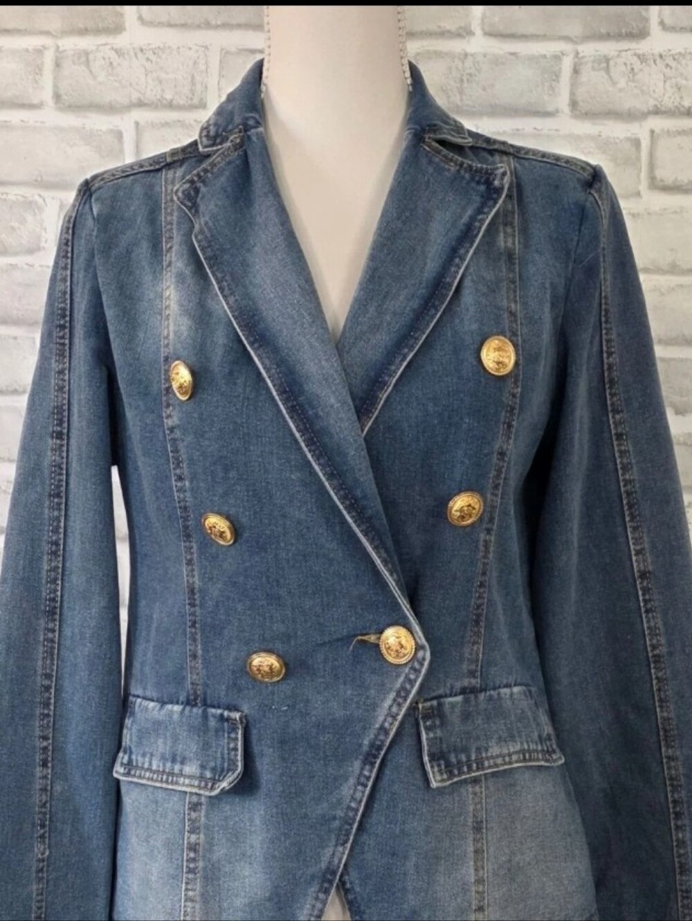 Dictionary Balmain Style Gold Button Double Breasted Denim Dark Academia L 12-14